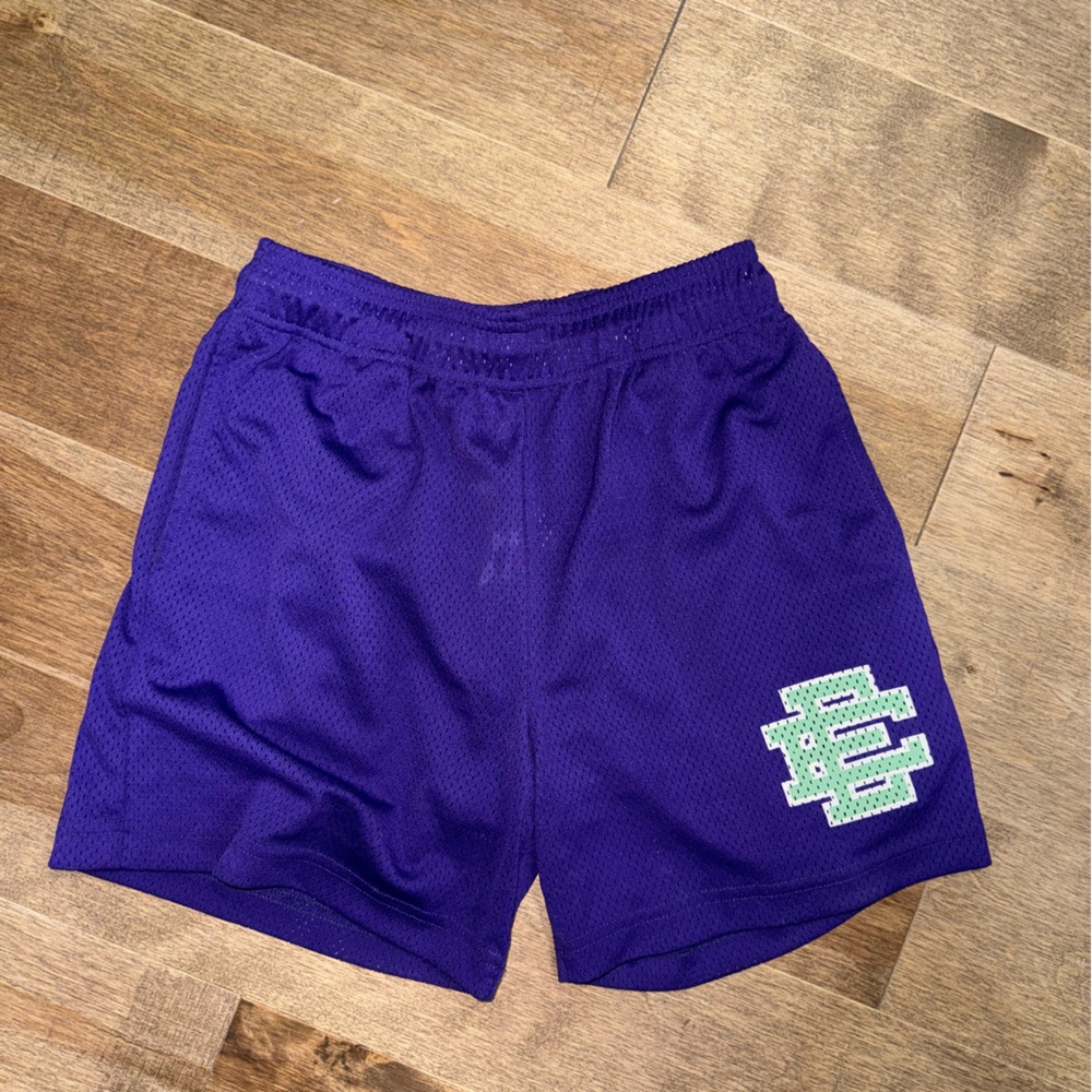 ERIC EMMANUEL PURPLE SHORTS WITH GREEN EMBLEM ORIGINAL WITH DRAWSTRINGS